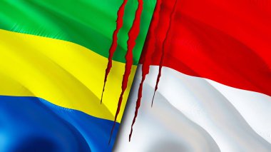 Gabon ve Monaco bayrakları yara izi konseptiyle. Dalgalanan bayrak, 3 boyutlu görüntüleme. Gabon ve Monako çatışma konsepti. Gabon Monako ilişkileri kavramı. Gabon bayrağı ve Monako krizi, savaş, saldırı konsepti