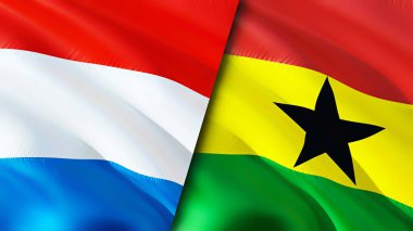 Lüksemburg ve Gana bayrakları. 3 boyutlu dalgalanan bayrak tasarımı. Lüksemburg Gana bayrağı, resim, duvar kağıdı. Lüksemburg, Gana imajına karşı, 3D görüntüleme. Lüksemburg Gana ilişkileri ittifak ve ticaret, seyahat, turnuva