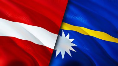 Letonya ve Nauru bayrakları. 3 boyutlu dalgalanan bayrak tasarımı. Letonya Nauru bayrağı, resim, duvar kağıdı. Letonya, Nauru 'ya karşı, görüntü 3 boyutlu. Letonya Nauru ilişkileri ittifak ve ticaret, seyahat, turizm konsepti