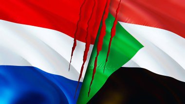 Hollanda ve Sudan bayrakları yara izi konseptiyle. Dalgalanan bayrak, 3 boyutlu görüntüleme. Hollanda ve Sudan çatışma konsepti. Hollanda Sudan ilişkileri kavramı. Hollanda bayrağı ve Sudan krizi, savaş, attac