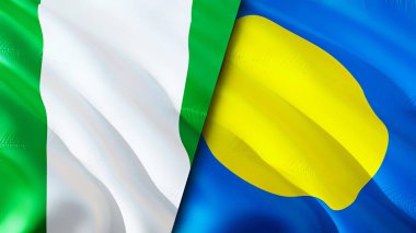 Nijerya ve Palau bayrakları. 3 boyutlu dalgalanan bayrak tasarımı. Nijerya Palau bayrağı, resim, duvar kağıdı. Nijerya, Palau 'ya karşı, görüntü 3 boyutlu. Nijerya Palau ilişkileri ittifak ve ticaret, seyahat, turizm konsepti