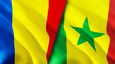 Romanya ve Senegal bayrakları. 3 boyutlu dalgalanan bayrak tasarımı. Romanya Senegal bayrağı, resim, duvar kağıdı. Romanya, Senegal imajına karşı, 3D görüntüleme. Romanya Senegal ilişkileri ittifak ve Ticaret, seyahat ve turizm consepti
