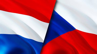 Hollanda ve Çek bayrakları. 3 boyutlu dalgalanan bayrak tasarımı. Hollanda Çek bayrağı, resim, duvar kağıdı. Hollanda, Çek imajına karşı, 3D görüntüleme. Hollanda Çek ilişkileri ittifak ve ticaret, seyahat, turnuva