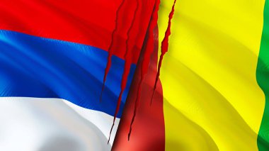 Sırbistan ve Gine bayrakları yara izi kavramına sahip. Dalgalanan bayrak, 3 boyutlu görüntüleme. Sırbistan ve Gine ihtilafı kavramı. Sırbistan Gine ilişkileri kavramı. Sırbistan ve Gine bayrağı krizi, savaş, saldırı konsepti