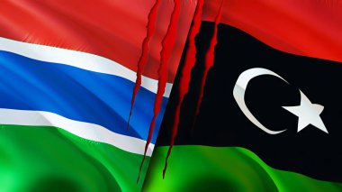 Gambiya ve Libya bayrakları yara izi konseptiyle. Dalgalanan bayrak, 3 boyutlu görüntüleme. Gambiya ve Libya çatışma konsepti. Gambiya Libya ilişkileri kavramı. Gambiya bayrağı ve Libya krizi, savaş, saldırı konsepti