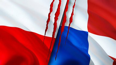 Yara izi olan Polonya ve Panama bayrakları. Dalgalanan bayrak, 3 boyutlu görüntüleme. Polonya ve Panama çatışma konsepti. Polonya Panama ilişkileri kavramı. Polonya bayrağı ve Panama krizi, savaş, saldırı konsepti