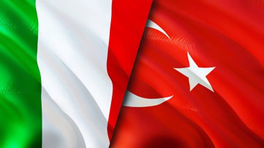 İtalya ve Türkiye bayrakları. 3 boyutlu dalgalanan bayrak tasarımı. İtalya hindi bayrağı, resim, duvar kağıdı. İtalya, Türkiye 'ye karşı, görüntü 3D. İtalya Türkiye ilişkileri ittifak ve ticaret, seyahat ve turizm kavramları