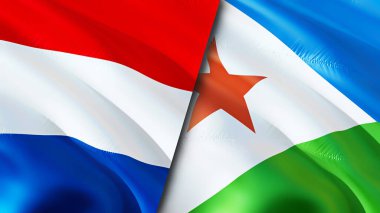 Hollanda ve Cibuti bayrakları. 3 boyutlu dalgalanan bayrak tasarımı. Hollanda Cibuti bayrağı, resim, duvar kağıdı. Hollanda, Cibuti 'ye karşı, görüntü 3D. Hollanda Cibuti ilişkileri ittifakı