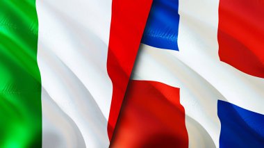 İtalya ve Dominik Cumhuriyeti bayrakları. 3 boyutlu dalgalanan bayrak tasarımı. İtalya Dominik Cumhuriyeti bayrağı, resim, duvar kağıdı. İtalya, Dominik Cumhuriyeti 'ne karşı, görüntü 3 boyutlu. İtalya Dominik Cumhuriyeti ilişkileri