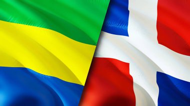 Gabon ve Dominik Cumhuriyeti bayrakları. 3 boyutlu dalgalanan bayrak tasarımı. Gabon Dominik Cumhuriyeti bayrağı, resim, duvar kağıdı. Gabon, Dominik Cumhuriyeti 'ne karşı, görüntü 3 boyutlu. Gabon Dominik Cumhuriyeti ilişkileri