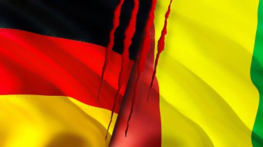 Yara izi olan Almanya ve Gine bayrakları. Dalgalanan bayrak, 3 boyutlu görüntüleme. Almanya ve Gine çatışması konsepti. Almanya Gine ilişkileri kavramı. Alman bayrağı ve Gine krizi, savaş, saldırı konsepti