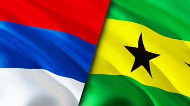 Sırbistan ve Sao Tome ve Principe bayrakları. 3 boyutlu dalgalanan bayrak tasarımı. Sırbistan Sao Tome ve Principe bayrağı, resim, duvar kağıdı. Sırbistan, Sao Tome ve Principe 'nin 3D görüntüsüne karşı. Sırbistan Sao Tome ve Princip