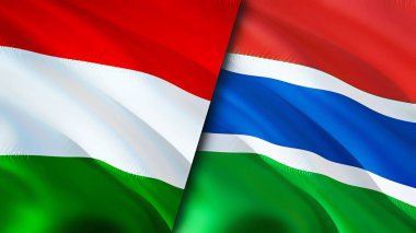 Macaristan ve Gambiya bayrakları. 3 boyutlu dalgalanan bayrak tasarımı. Macaristan Gambiya bayrağı, resim, duvar kağıdı. Macaristan Gambiya 'ya karşı, görüntü 3 boyutlu. Macaristan Gambiya ilişkileri ittifak ve ticaret, seyahat, turizm konsepti