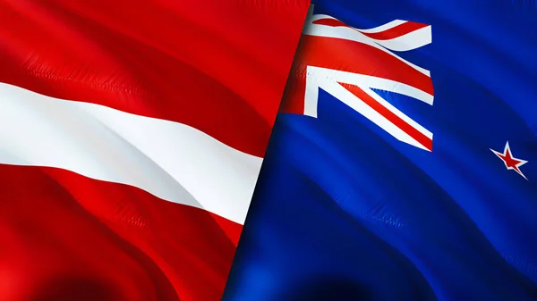 拉脱维亚和新西兰的国旗 3D波浪旗帜设计 拉脱维亚新西兰国旗 拉脱维亚对新西兰的图像 3D渲染 拉脱维亚新西兰关系联盟 — 图库照片