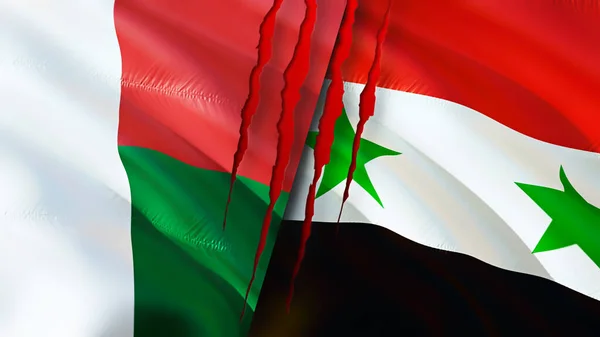 Madagascar and Syria flags with scar concept. Waving flag,3D rendering. Madagascar and Syria conflict concept. Madagascar Syria relations concept. flag of Madagascar and Syria crisis,war, attac