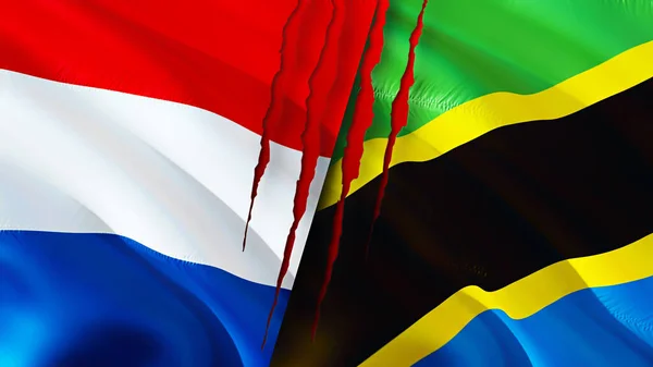 Nederland Tanzania Vlaggen Met Litteken Concept Wuivende Vlag Weergave Nederland — Stockfoto