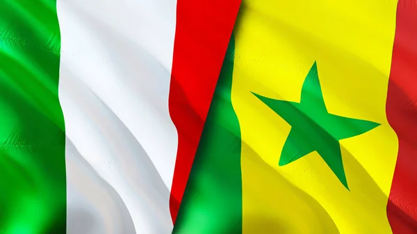意大利和塞内加尔的国旗 3D波浪旗帜设计 意大利塞内加尔国旗 意大利对塞内加尔的图像 3D渲染 意大利塞内加尔关系联盟与贸易 — 图库照片