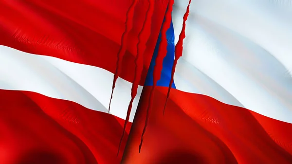 Latvia and Chile flags with scar concept. Waving flag,3D rendering. Latvia and Chile conflict concept. Latvia Chile relations concept. flag of Latvia and Chile crisis,war, attack concep