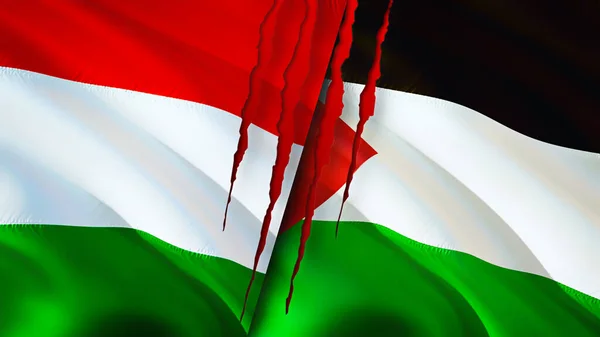 Hungary and Palestine flags with scar concept. Waving flag,3D rendering. Hungary and Palestine conflict concept. Hungary Palestine relations concept. flag of Hungary and Palestine crisis,war, attac