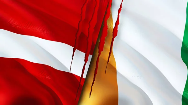 Lotyšsko Pobřeží Slonoviny Vlajky Koncepcí Jizvy Vlnění Vlajky Vykreslování Koncept — Stock fotografie