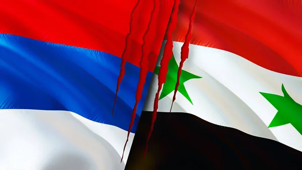 Serbia and Syria flags with scar concept. Waving flag,3D rendering. Serbia and Syria conflict concept. Serbia Syria relations concept. flag of Serbia and Syria crisis,war, attack concep