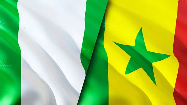 尼日利亚和塞内加尔的国旗 3D波浪旗帜设计 尼日利亚塞内加尔国旗 尼日利亚对塞内加尔的图像 3D渲染 尼日利亚塞内加尔关系联盟与贸易 — 图库照片
