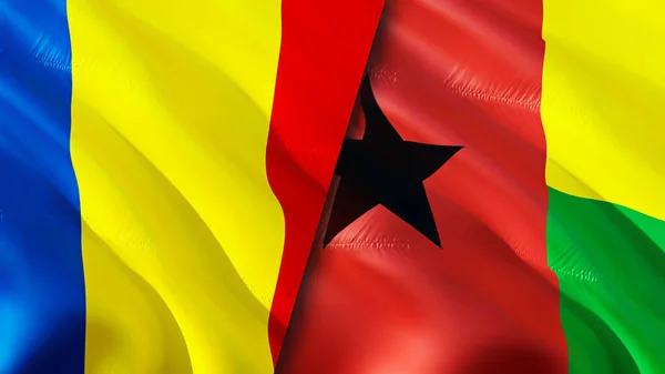 Romania and Guinea Bissau flags with scar concept. Waving flag,3D rendering. Romania and Guinea Bissau conflict concept. Romania Guinea Bissau relations concept. flag of Romania and Guinea Bissa