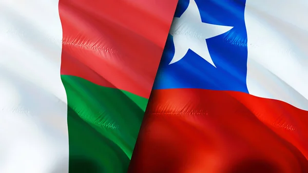 Madagascar and Chile flags. 3D Waving flag design. Madagascar Chile flag, picture, wallpaper. Madagascar vs Chile image,3D rendering. Madagascar Chile relations alliance and Trade,travel,touris