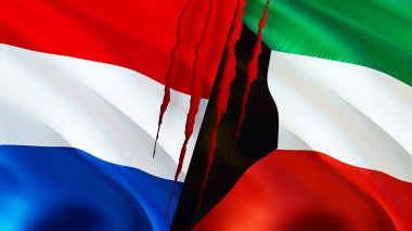 Hollanda ve Kuveyt bayrakları yara izi konseptiyle. Dalgalanan bayrak, 3 boyutlu görüntüleme. Hollanda ve Kuveyt çatışma konsepti. Hollanda Kuveyt ilişkileri kavramı. Hollanda bayrağı ve Kuveyt krizi, savaş