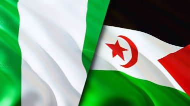 Nijerya ve Batı Sahra bayrakları. 3 boyutlu dalgalanan bayrak tasarımı. Nijerya Batı Sahra bayrağı, resim, duvar kağıdı. Nijerya, Batı Sahra 'ya karşı, görüntü 3 boyutlu. Nijerya Batı Sahra İlişkileri