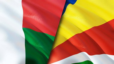 Madagaskar ve Seyşel bayrakları. 3 boyutlu dalgalanan bayrak tasarımı. Madagaskar Seyşeller bayrağı, resim, duvar kağıdı. Madagaskar Seyşeller 'e karşı 3 boyutlu görüntü. Madagaskar Seyşeller İlişkiler İttifakı