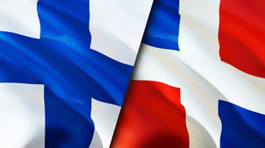 Finlandiya ve Dominik Cumhuriyeti bayrakları. 3 boyutlu dalgalanan bayrak tasarımı. Finlandiya Dominik Cumhuriyeti bayrağı, resim, duvar kağıdı. Finlandiya, Dominik Cumhuriyeti imajına karşı, 3D canlandırma. Finlandiya Dominikli