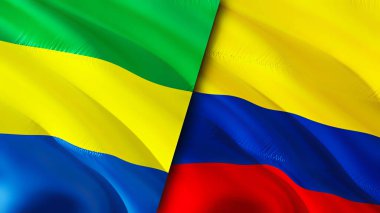 Gabon ve Kolombiya bayrakları. 3 boyutlu dalgalanan bayrak tasarımı. Gabon Kolombiya bayrağı, resim, duvar kağıdı. Gabon, Kolombiya 'ya Karşı. Görüntü 3 boyutlu. Gabon Kolombiya ilişkileri ittifak ve ticaret, seyahat, turizm konsepti