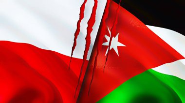 Yara izi olan Polonya ve Ürdün bayrakları. Dalgalanan bayrak, 3 boyutlu görüntüleme. Polonya ve Ürdün çatışma konsepti. Polonya Ürdün ilişkileri kavramı. Polonya bayrağı ve Ürdün krizi, savaş, saldırı konsepti