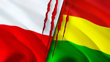 Yara izi olan Polonya ve Bolivya bayrakları. Dalgalanan bayrak, 3 boyutlu görüntüleme. Polonya ve Bolivya çatışma konsepti. Polonya Bolivya ilişkileri kavramı. Polonya bayrağı ve Bolivya krizi, savaş, saldırı konsepti