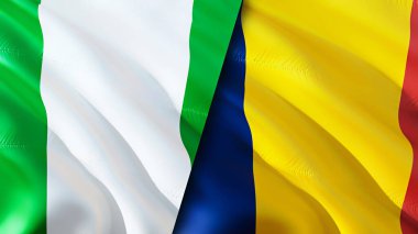 Nijerya ve Çad bayrakları. 3 boyutlu dalgalanan bayrak tasarımı. Nijerya Çad bayrağı, resim, duvar kağıdı. Nijerya, Chad 'e karşı, görüntü 3 boyutlu. Nijerya Çad ilişkileri ittifak ve ticaret, seyahat, turizm konsepti