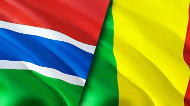 Gambiya ve Mali bayrakları. 3 boyutlu dalgalanan bayrak tasarımı. Gambiya Mali bayrağı, resim, duvar kağıdı. Gambiya, Mali 'ye karşı, görüntü 3 boyutlu. Gambiya Mali ilişkileri ittifak ve ticaret, seyahat, turizm konsepti