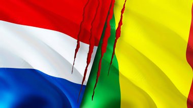 Hollanda ve Mali bayrakları yara izi konseptiyle. Dalgalanan bayrak, 3 boyutlu görüntüleme. Hollanda ve Mali çatışma konsepti. Hollanda Mali ilişkileri kavramı. Hollanda bayrağı ve Mali krizi, savaş, attac