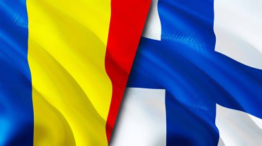 Romanya ve Finlandiya bayrakları. 3 boyutlu dalgalanan bayrak tasarımı. Romanya Finlandiya bayrağı, resim, duvar kağıdı. Romanya, Finlandiya 'ya karşı imaj, 3D görüntüleme. Romanya Finlandiya ile ittifak ve ticaret, seyahat ve turizm ilişkileri