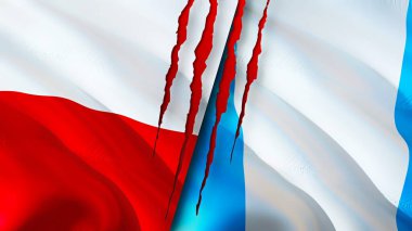 Yara izi olan Polonya ve Guatemala bayrakları. Dalgalanan bayrak, 3 boyutlu görüntüleme. Polonya ve Guatemala çatışma konsepti. Polonya Guatemala ilişkileri kavramı. Polonya bayrağı ve Guatemala krizi, savaş, attac