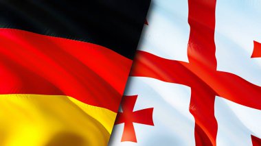 Almanya ve Gürcistan bayrakları. 3 boyutlu dalgalanan bayrak tasarımı. Almanya bayrağı, resim, duvar kağıdı. Almanya, Gürcistan 'a karşı imaj, 3D görüntüleme. Almanya Gürcistan ilişkileri ittifak ve ticaret, seyahat ve turizm konsepti