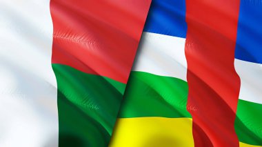 Madagaskar ve Orta Afrika Cumhuriyeti bayrakları. 3 boyutlu dalgalanan bayrak tasarımı. Madagaskar Orta Afrika Cumhuriyeti bayrağı, resim, duvar kağıdı. Madagaskar Orta Afrika Cumhuriyeti imajına karşı, 3D görüntüleme
