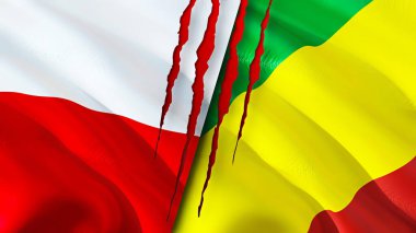 Yara izi olan Polonya ve Kongo bayrakları. Dalgalanan bayrak, 3 boyutlu görüntüleme. Polonya ve Kongo çatışma konsepti. Polonya Kongo ilişkileri kavramı. Polonya ve Kongo bayrağı krizi, savaş, saldırı konsepti