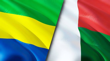 Gabon ve Madagaskar bayrakları. 3 boyutlu dalgalanan bayrak tasarımı. Gabon Madagaskar bayrağı, resim, duvar kağıdı. Gabon Madagaskar 'a karşı, görüntü 3 boyutlu. Gabon Madagaskar ilişkileri ittifak ve ticaret, seyahat, turnuva