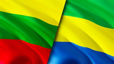 Litvanya ve Gabon bayrakları. 3 boyutlu dalgalanan bayrak tasarımı. Litvanya Gabon bayrağı, resim, duvar kağıdı. Litvanya, Gabon 'a karşı, görüntü 3 boyutlu. Litvanya Gabon ilişkileri ittifak ve ticaret, seyahat, turizm konsepti
