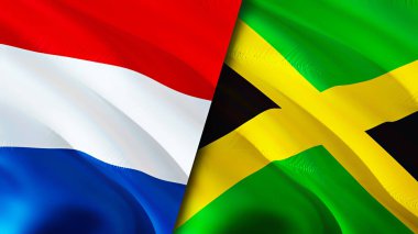 Hollanda ve Jamaika bayrakları. 3 boyutlu dalgalanan bayrak tasarımı. Hollanda Jamaika bayrağı, resim, duvar kağıdı. Hollanda, Jamaika imajına karşı, 3D görüntüleme. Hollanda Jamaika ilişkileri ittifakı