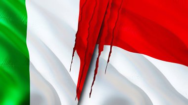 İtalya ve Monako bayrakları yara izi konseptiyle. Dalgalanan bayrak, 3 boyutlu görüntüleme. İtalya ve Monako çatışma konsepti. İtalya Monako ilişkileri kavramı. İtalya bayrağı ve Monako krizi, savaş, saldırı konsepti