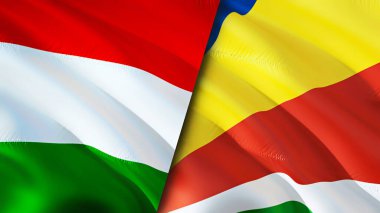 Macaristan ve Seyşel bayrakları. 3 boyutlu dalgalanan bayrak tasarımı. Macaristan Seyşeller bayrağı, resim, duvar kağıdı. Macaristan, Seyşeller 'e karşı, görüntü 3D. Macaristan Seyşeller ilişkiler ittifakı