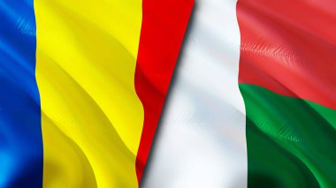 Romanya ve Madagaskar yara izi kavramına sahip bayraklar. Dalgalanan bayrak, 3 boyutlu görüntüleme. Romanya ve Madagaskar ihtilaf konsepti. Romanya Madagaskar ilişkileri kavramı. Romanya bayrağı ve Madagaskar krizi, savaş
