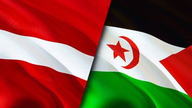 Letonya ve Batı Sahra bayrakları. 3 boyutlu dalgalanan bayrak tasarımı. Letonya Batı Sahra bayrağı, resim, duvar kağıdı. Letonya, Batı Sahra 'ya karşı, görüntü 3 boyutlu. Letonya Batı Sahra İlişkiler Birliği